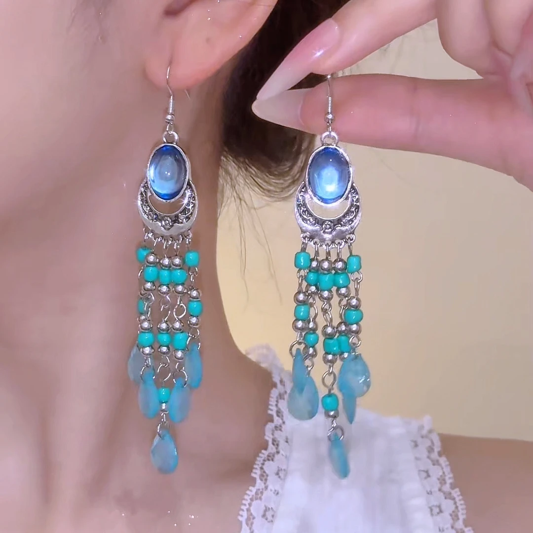 合金耳饰 气质冰透蓝色流苏耳环百搭民族风烧蓝复古设计感耳饰女