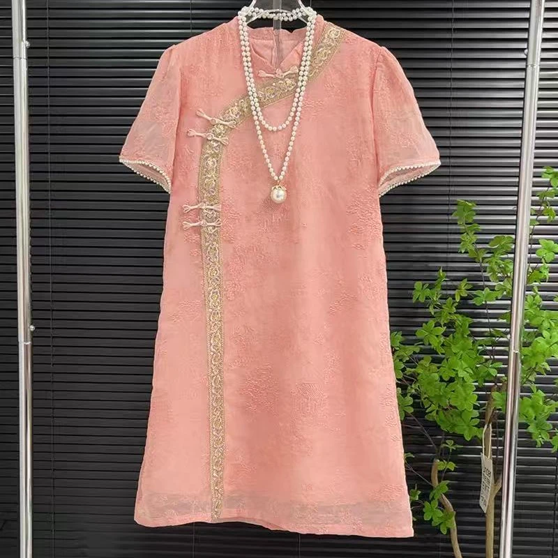 夏季中国风新中式圆领刺绣A字中长连衣裙