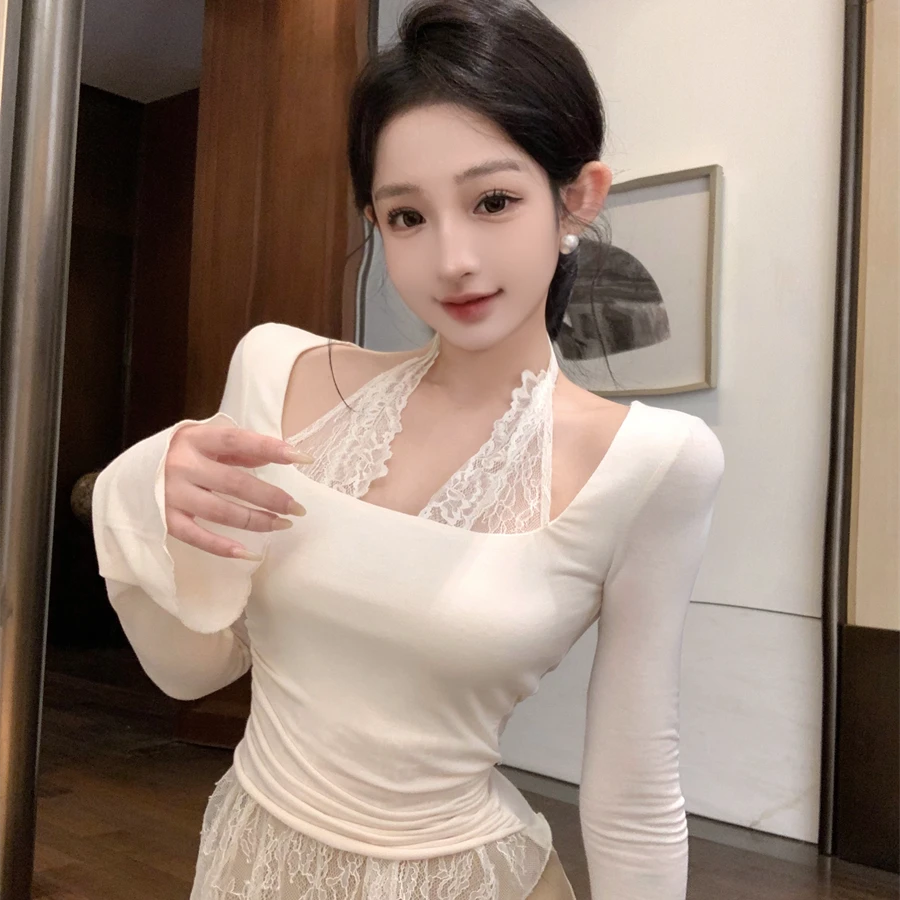 法式纯欲辣妹风性感蕾丝挂脖假两件小衫秋新款修身长袖上衣