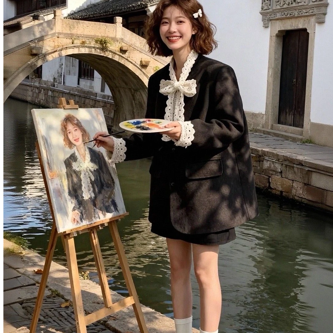 富家千金小香风套装女秋冬高级感高级感毛呢西装半身短裙子两件套