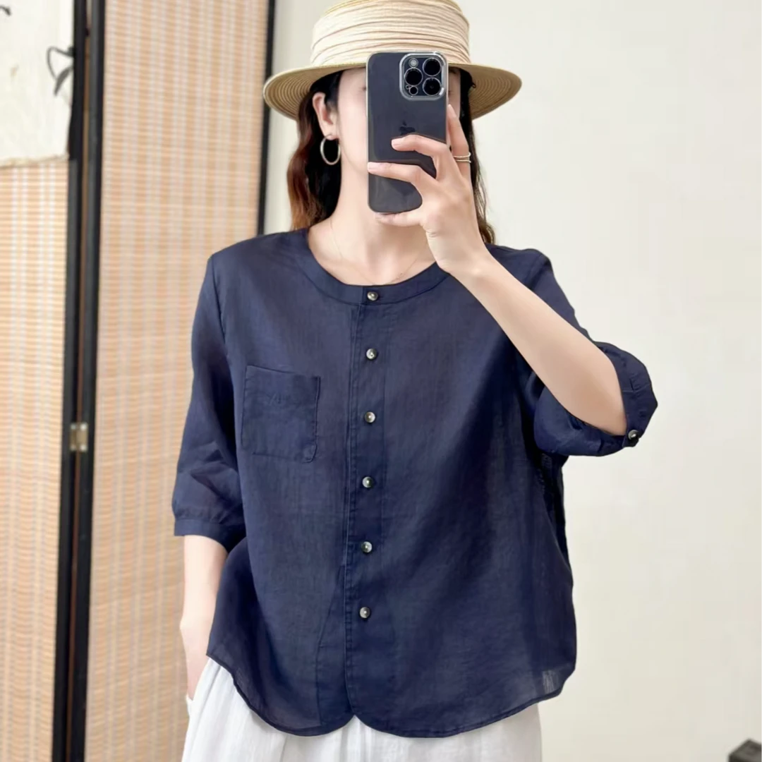 【悦兮】夏季新款文艺百搭时尚洋气休闲气质显瘦宽松圆领女衬衫7710