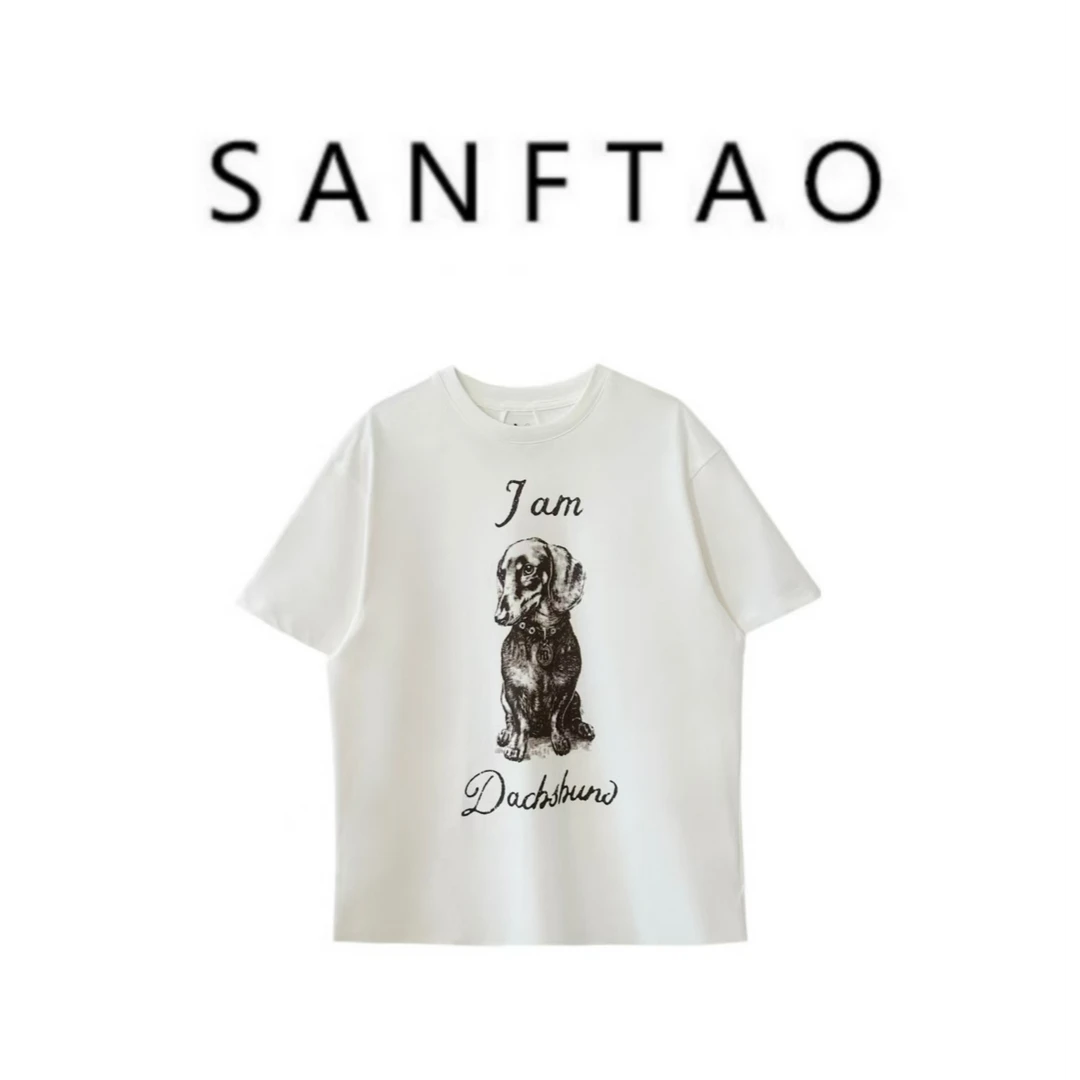 【元气满满】春夏巨时髦高阶轻奢休闲素描腊肠狗白T恤192539