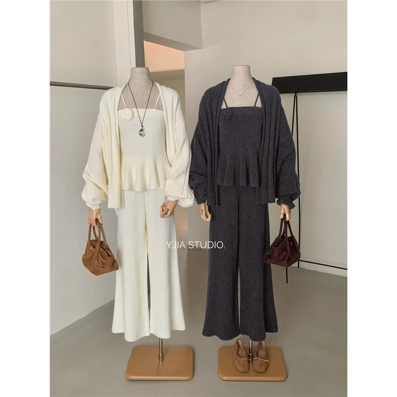 气质法式小香风针织外套+立体花朵吊带+显瘦休闲直筒裤时尚套装