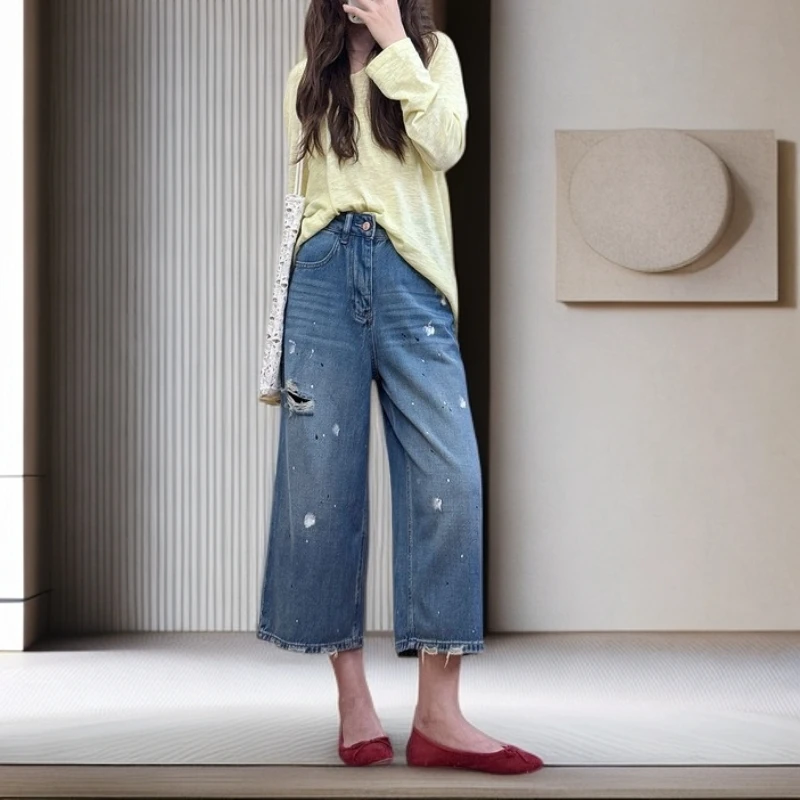 2025夏季舒适破洞显瘦时髦率性梨形A字阔腿高腰八分宽松牛仔裤女