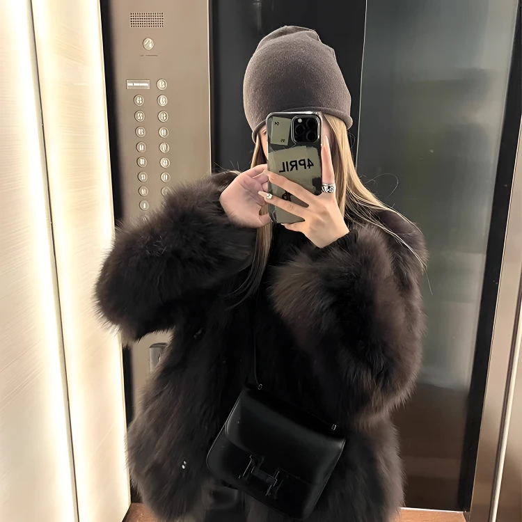 2025新款环保草草毛毛外套秋冬摩卡灰棕显贵短款V领加厚毛绒