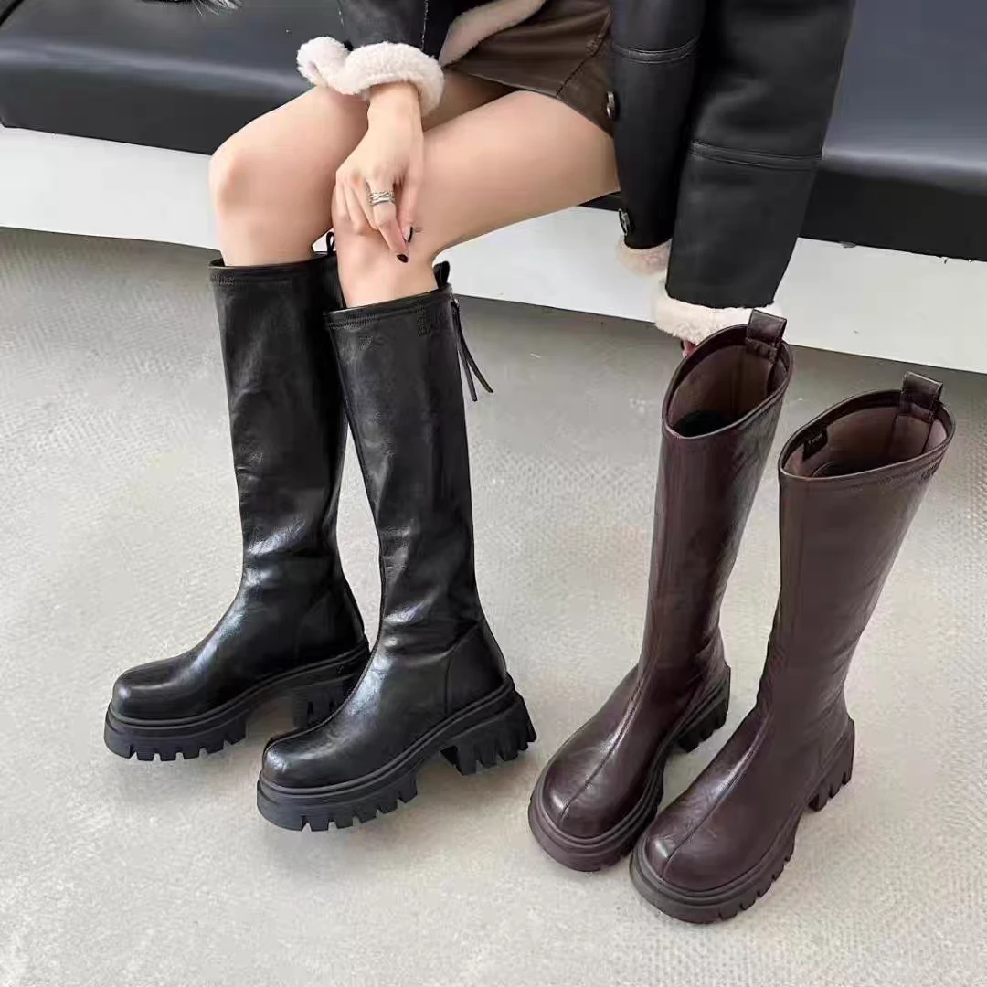 法式风厚底长靴V口高筒靴后拉链不过膝靴圆头冬季新款女靴9-812S