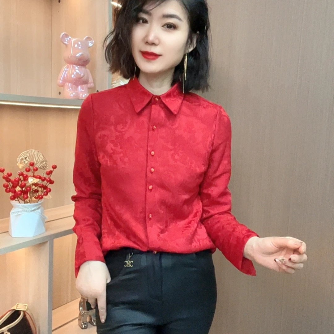新年长袖常规款衬衫袖衬衫红色小衫时尚春季显瘦洋气女装翻领
