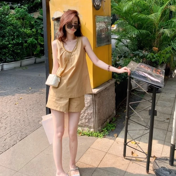 气质巨好看的亚麻套装夏女2025新款小香风马甲短裤棉麻套装两件套