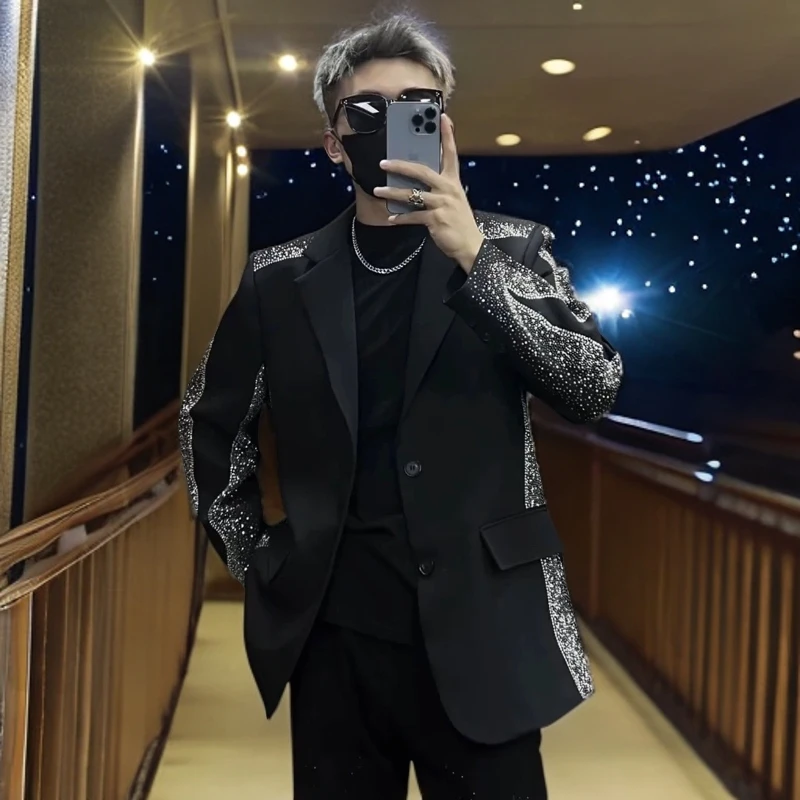 演出服高级感黑色满天星西装套装男士外套秋季潮流宽松气质款西服