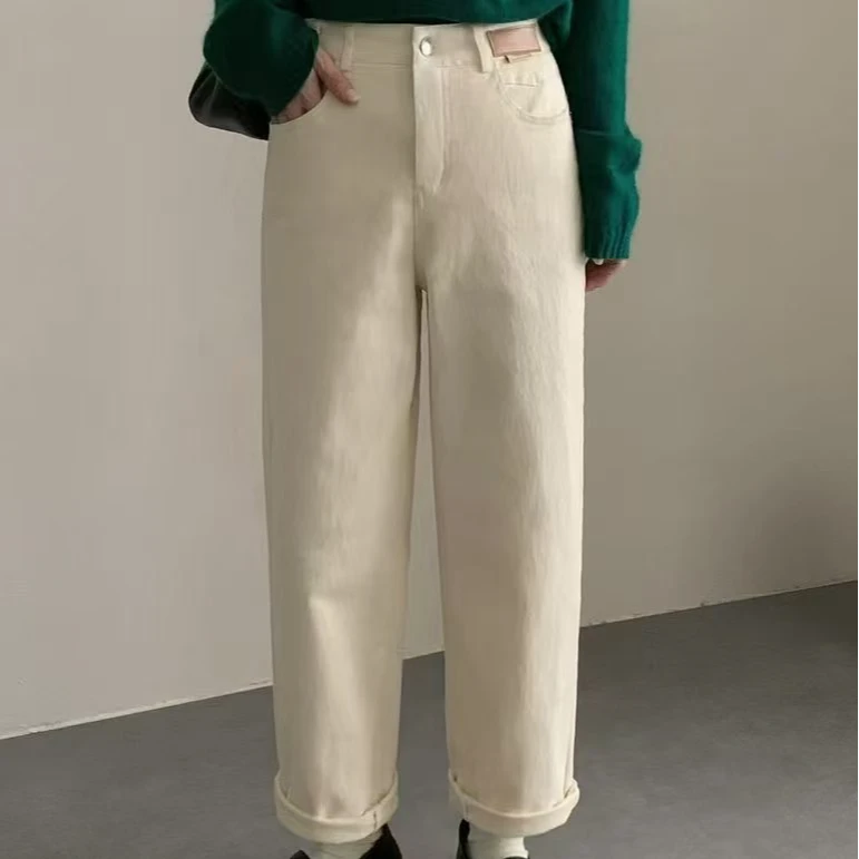 白色直筒牛仔裤女高腰2025新款老爹米色小个子秋冬烟管裤子加绒