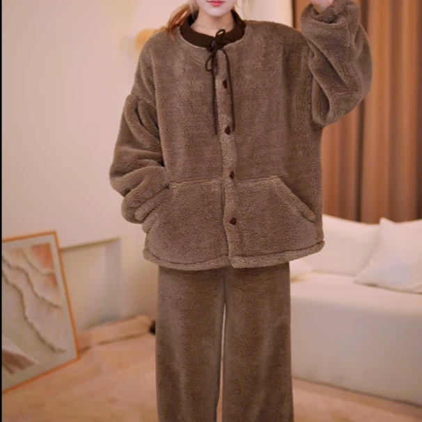 【超厚专柜正版】圆领睡衣女士秋冬天加绒加厚保暖家居服可外穿套装
