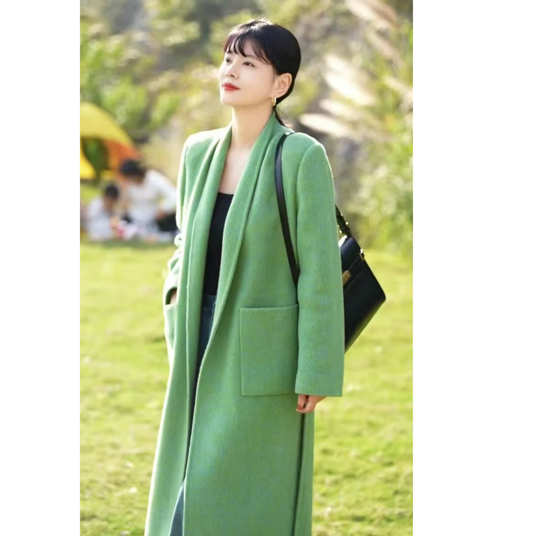 【糖果家】秋冬绿色双面呢大衣轻奢设计师休闲时尚气质网红百搭