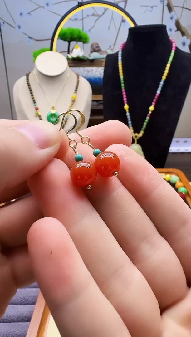 南红玛瑙14K金镶嵌耳饰E149
