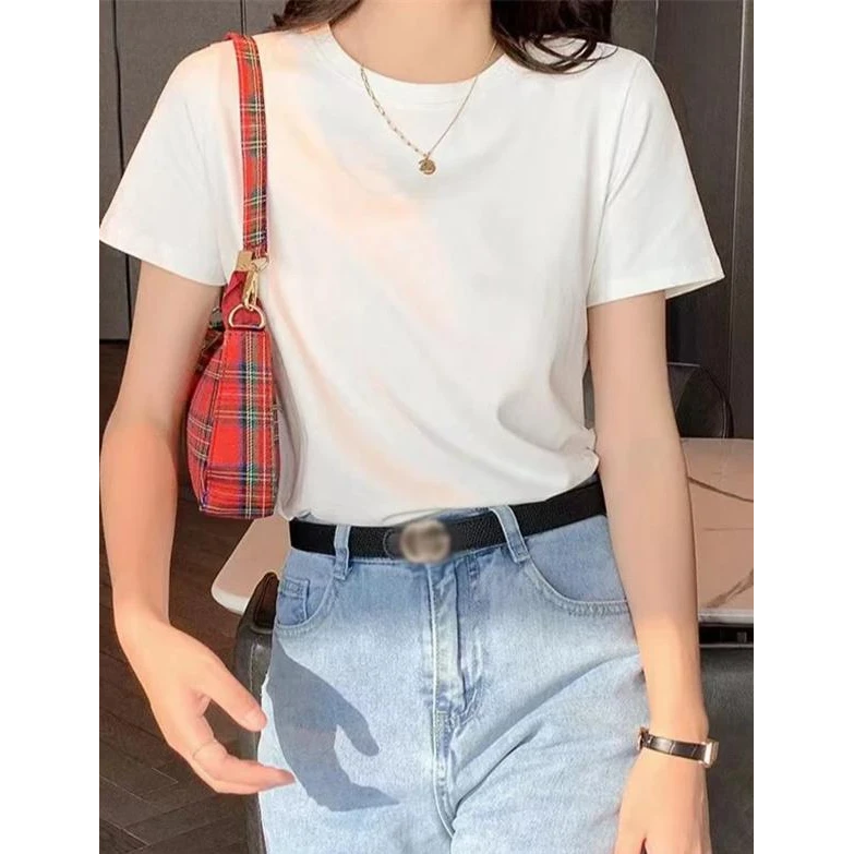 圆领短袖简约时尚百搭圆领休闲上衣夏季修身显瘦纯色打底衫女