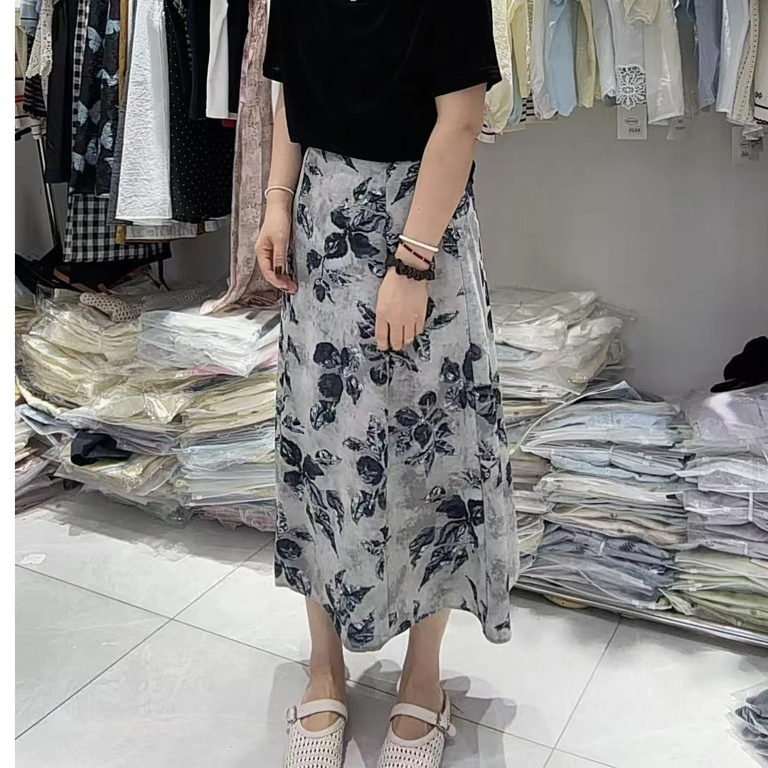 夏款韩系拉链半松紧树叶花六片半身裙