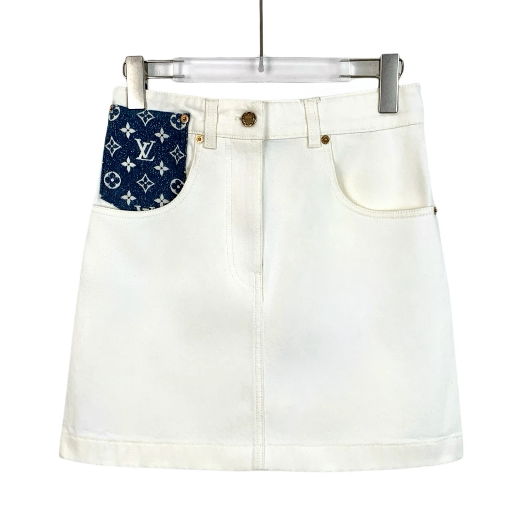 99新 LouisVuitton/路易威登 H14406 白色logo老花牛仔半身裙
