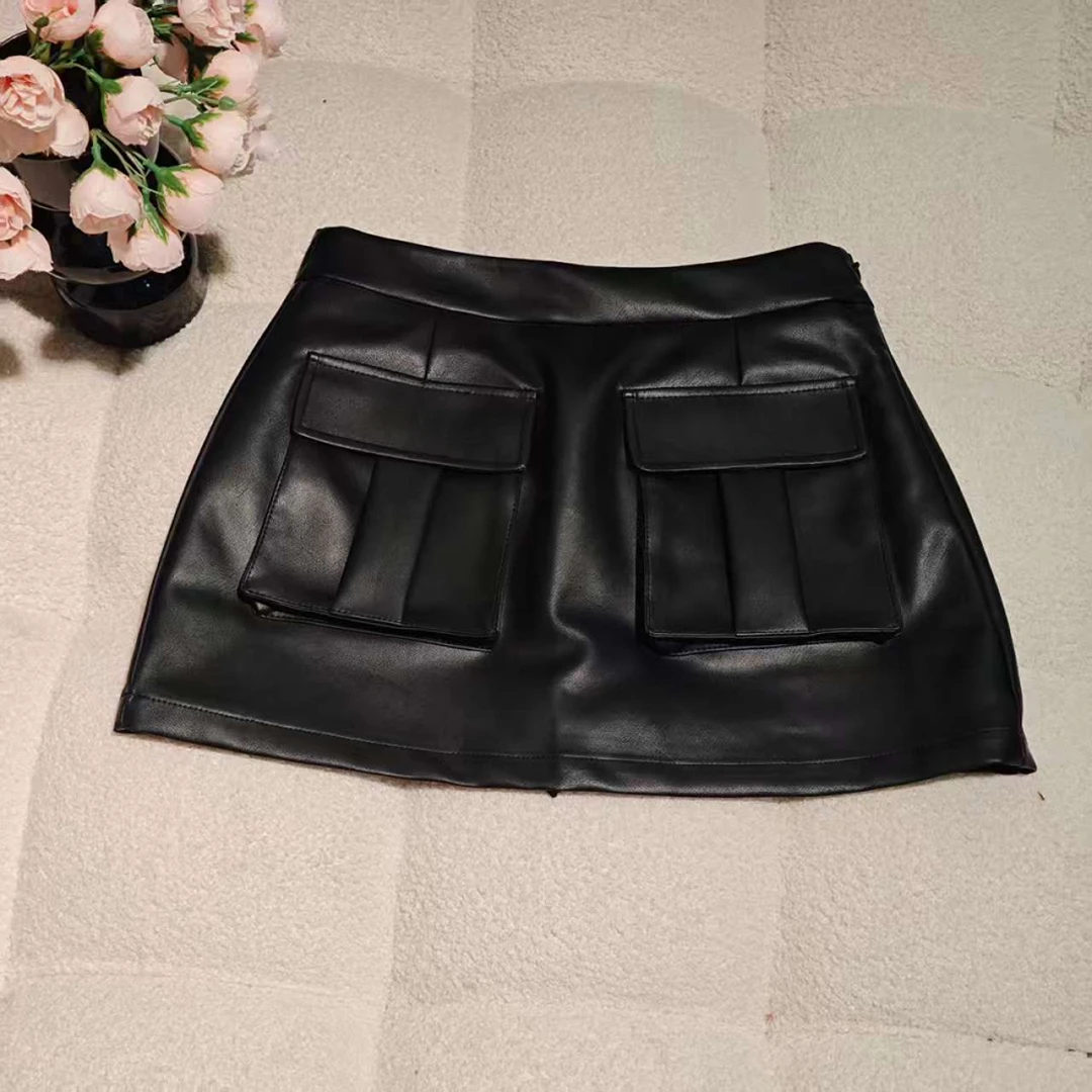 （非市场版）51239 皮皮半身裙黑色皮短裙A字高腰皮裙包臀裙