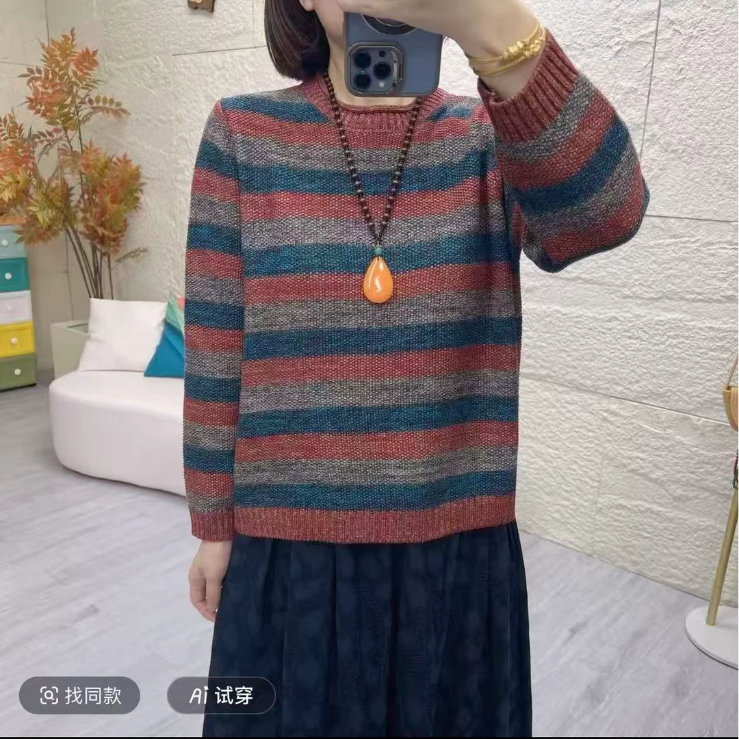妈妈装2025年秋冬季条纹印花女厚款宽松毛针织衫拼色半高领毛衣