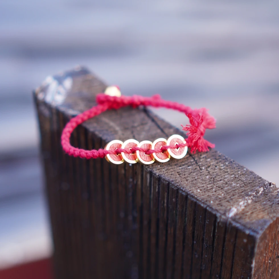 含辰砂工艺品[琪钰]五帝钱朱砂红绳手绳