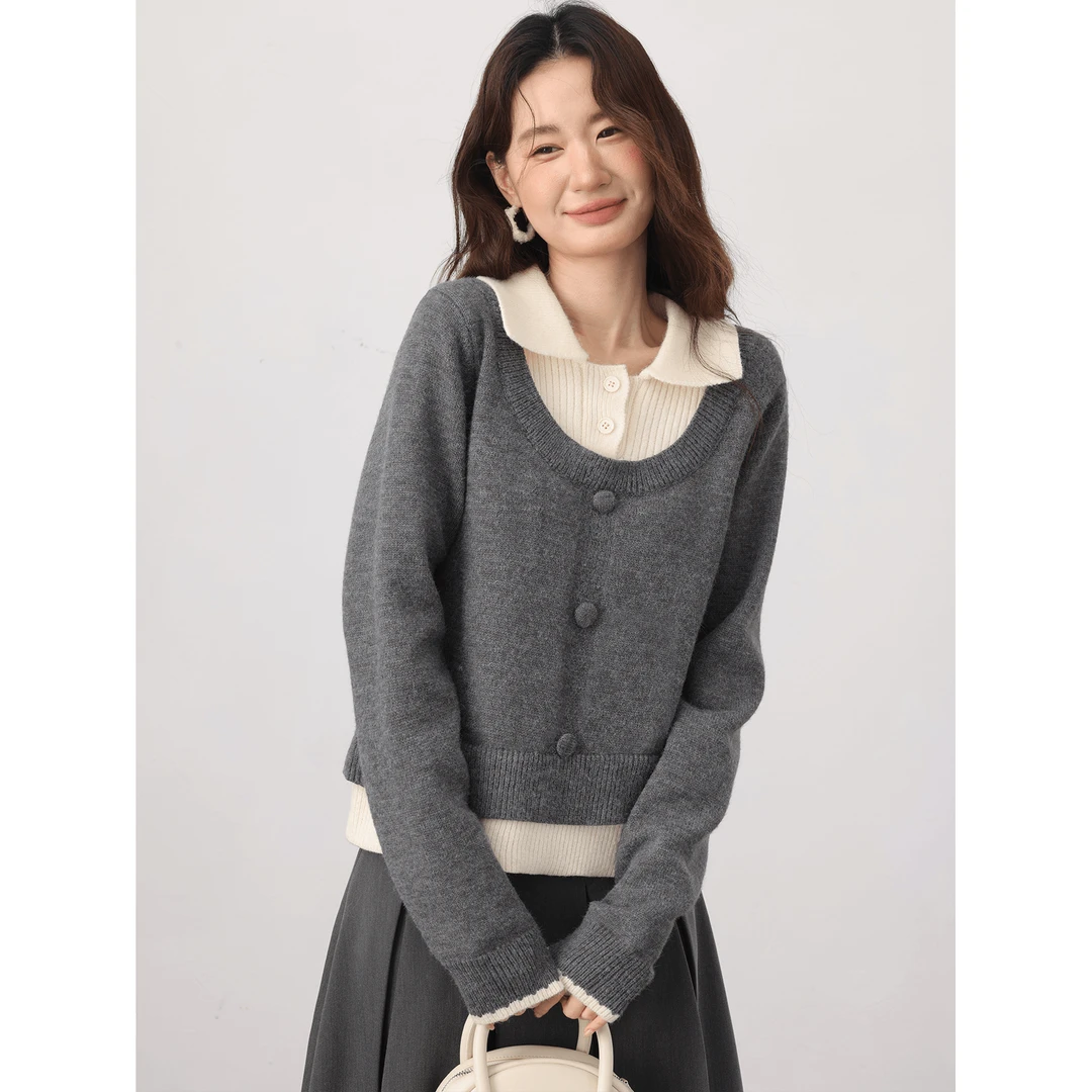 爱蔷薇大码胖mm设计感假两件正肩毛衣女款秋冬针织衫上衣GT75496