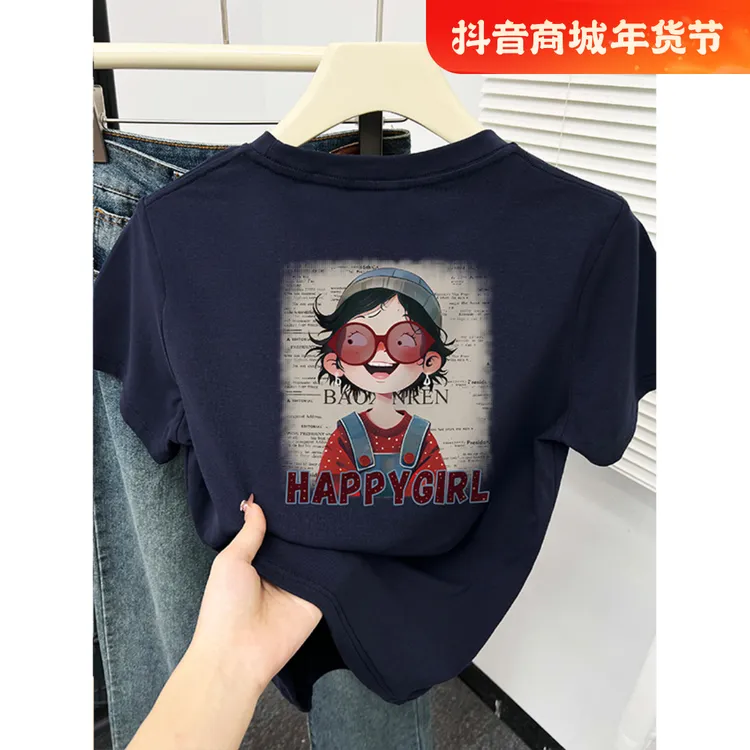 正肩短袖T恤女士春夏季2025新款韩版时尚卡通前后印花藏蓝色上衣