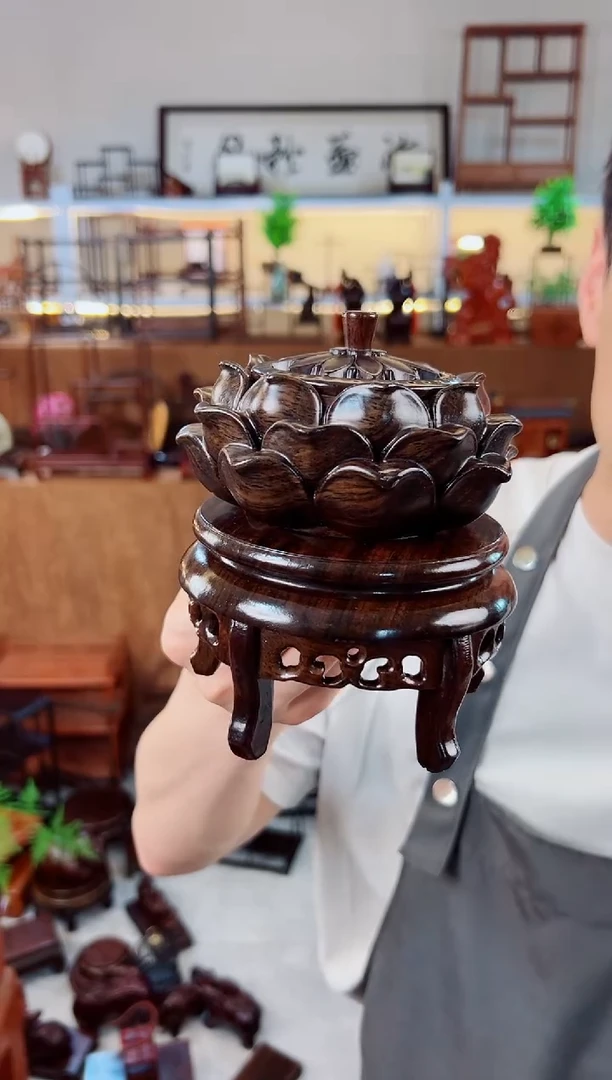 木黑檀复古五足香几/莲花香炉套装（送铜香插