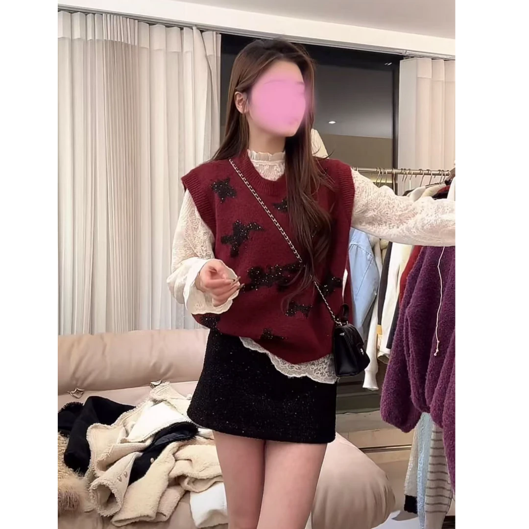 【冬日恋歌】秋冬洋气百搭蕾丝打底+亮片毛衣马甲两件套X