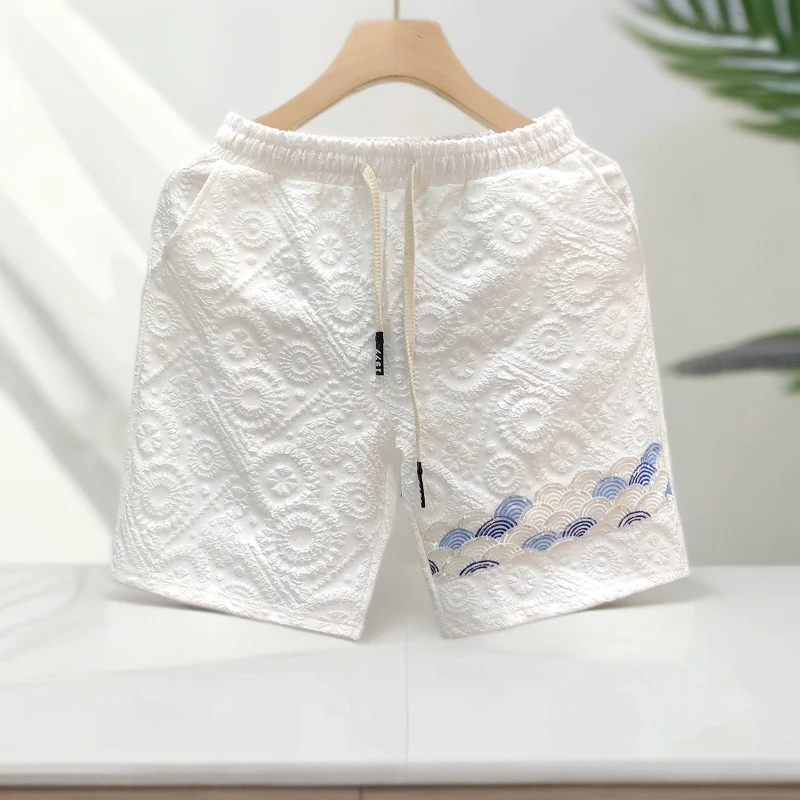 Mandsibil曼德西比利刺绣短裤男潮牌系带休闲五分裤简约白色夏天