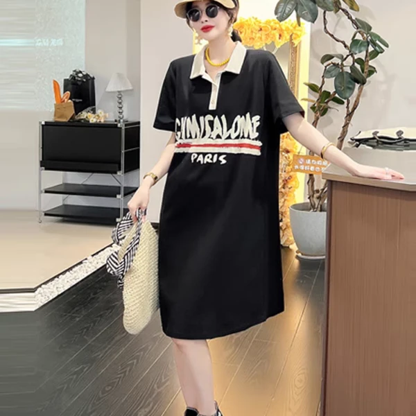 胖向向夏装新款9083简约大方款胸字母拼接领舒适连衣裙