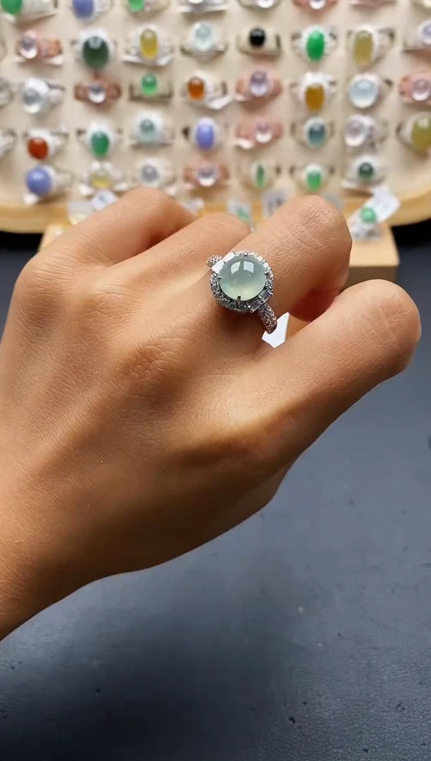 银S925镶嵌戒指翡翠缅甸天然A货翡翠2 6-5