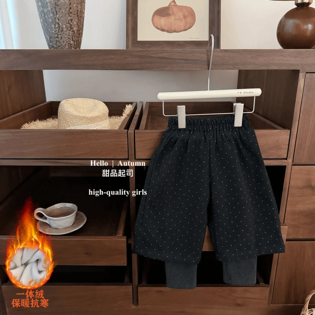 女童冬季真两件加绒保暖抗寒裤子宝宝波点百搭打底裤儿童宽松长裤