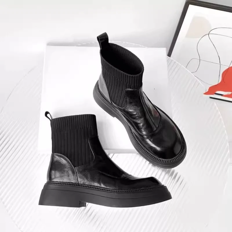 拼接针织弹力袜靴女秋冬短靴子英伦风圆头厚底粗跟弹力瘦瘦靴袜靴