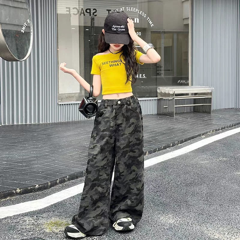 女童迷彩裤套装2025夏季新款洋气中大童短袖工装裤两件套儿童舞服