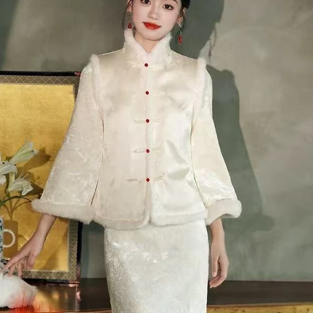 075 白色 竹叶 马甲 旗袍【只有马甲】