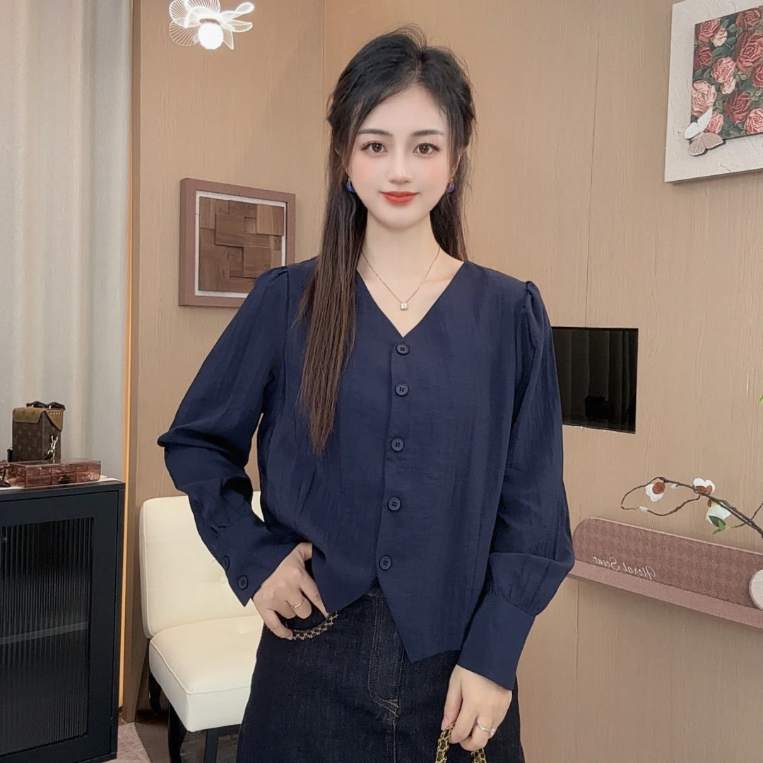 秋季新款V领衬衫设计感时尚百搭长袖显瘦上衣女5801