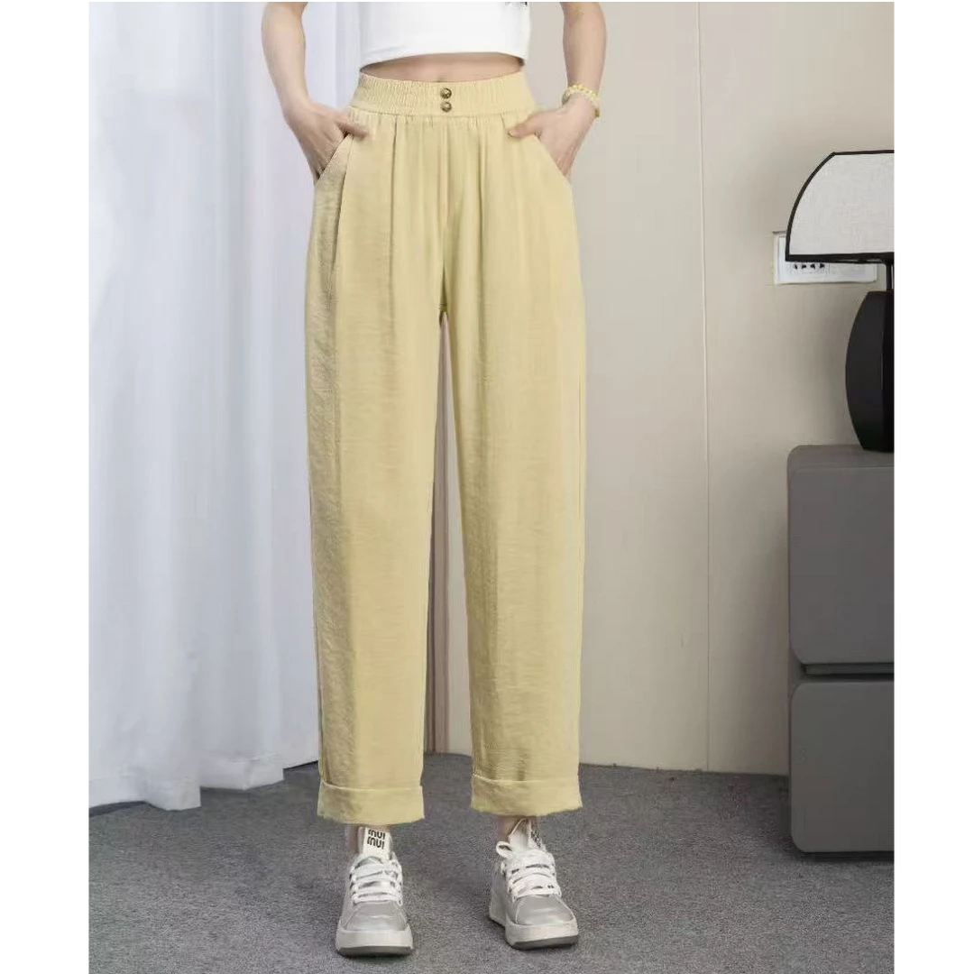 洋气小直筒哈伦裤女式松紧高腰夏季薄款小个子百搭宽松九分休闲裤