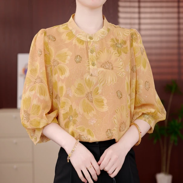 风染金蕊杭州专柜2025夏季新款衬衫女士轻奢淡雅清新减龄百搭上衣