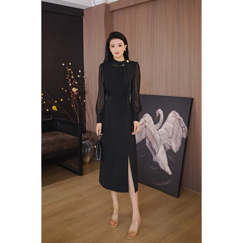 【B Y】2025新款连衣裙春夏中长款长袖气质优雅知性淑女修身显瘦裙