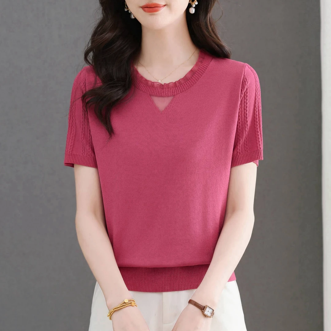 冰丝短袖t恤女妈妈夏装女装新款圆领蕾丝洋气上衣薄款镂空针织衫