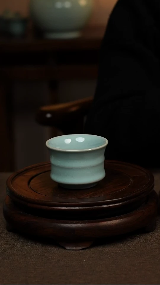 瓷片天青色束腰竹节杯100ml微瑕不带礼盒