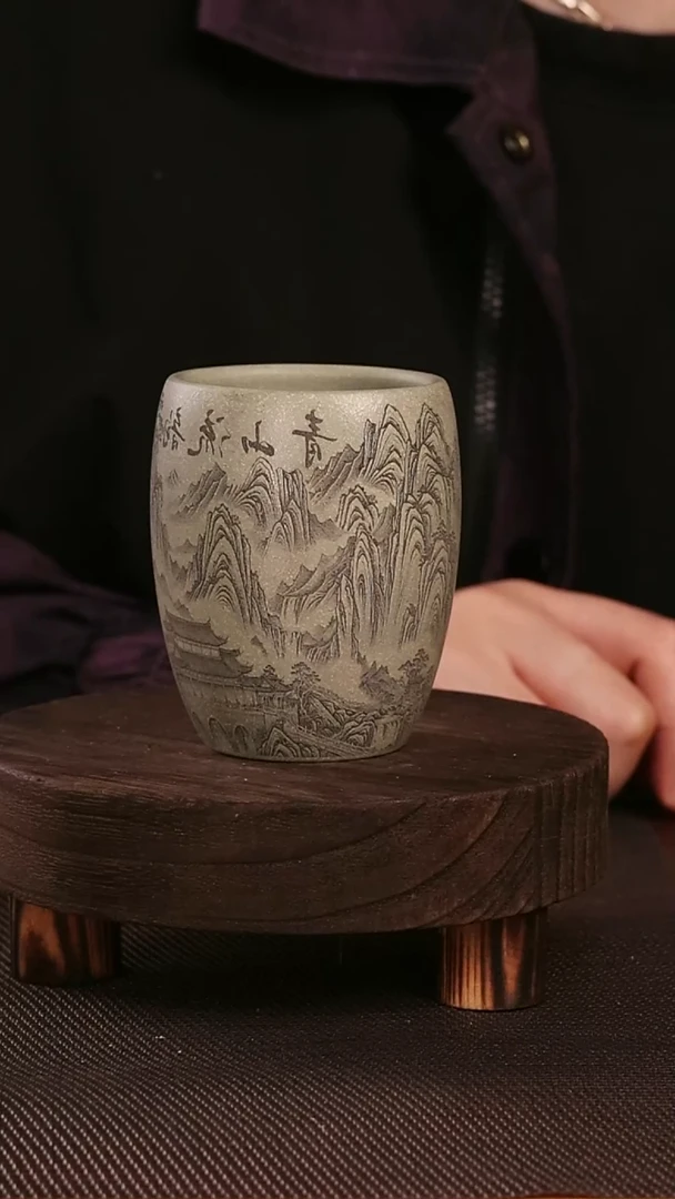 茶杯紫砂紫砂刻绘主人杯青山流韵