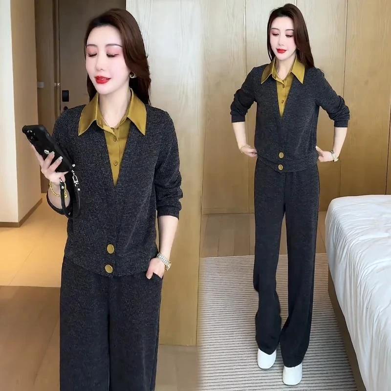 时尚套装女2025春秋新款洋气质显瘦拼接假两件上衣阔腿裤两件套潮