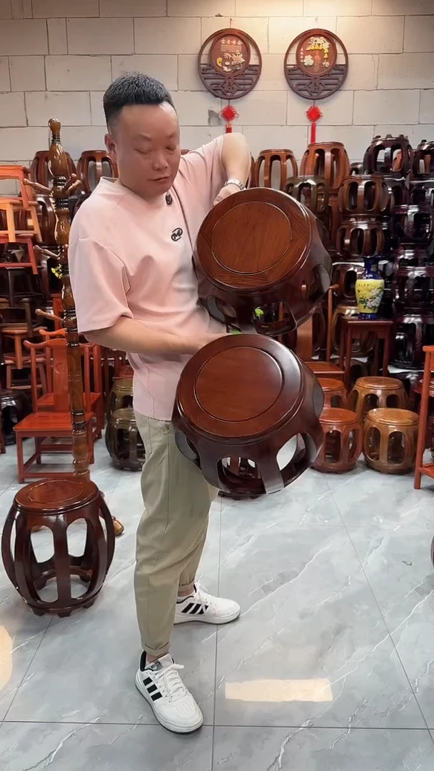 花梨木类家具胡桃色小号鼓凳一对（二个）