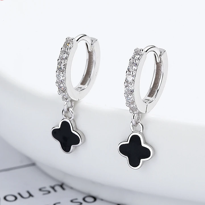 925银耳饰 黑色四叶草纯银耳环2025爆款气质银耳圈精致小饰品