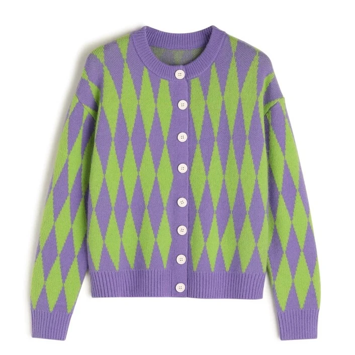 冬季菱形长袖毛针织衫女装针织衫时尚加厚条纹菱格上衣撞色中老年