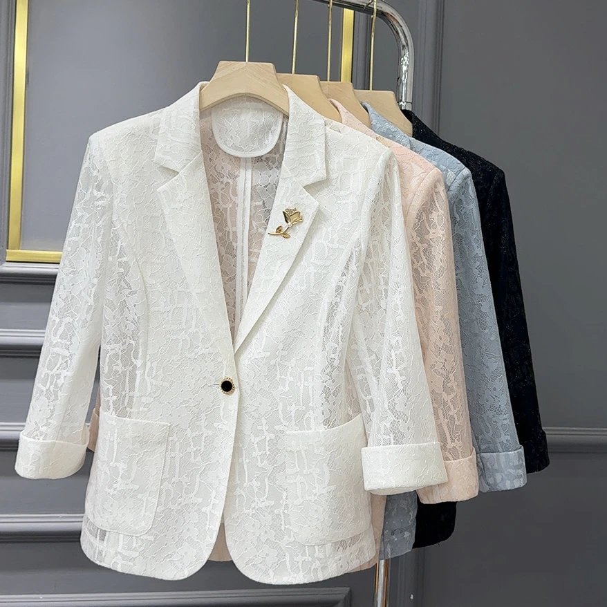 2025夏季新款设计感时尚气质西装女洋气防晒蕾丝小西服外套#2569