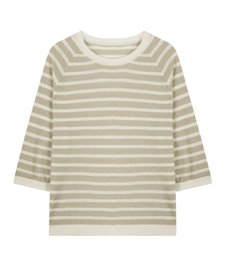 【经典条纹*拉夫】超亲肤桑蚕丝亚麻 针织衫 落肩5分袖宽松显瘦夏女