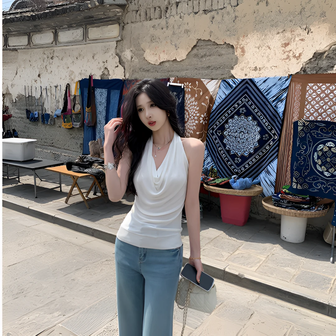 夏季洋气女装露背挂脖收腰吊带背心女款外穿荡领内搭无袖打底上衣