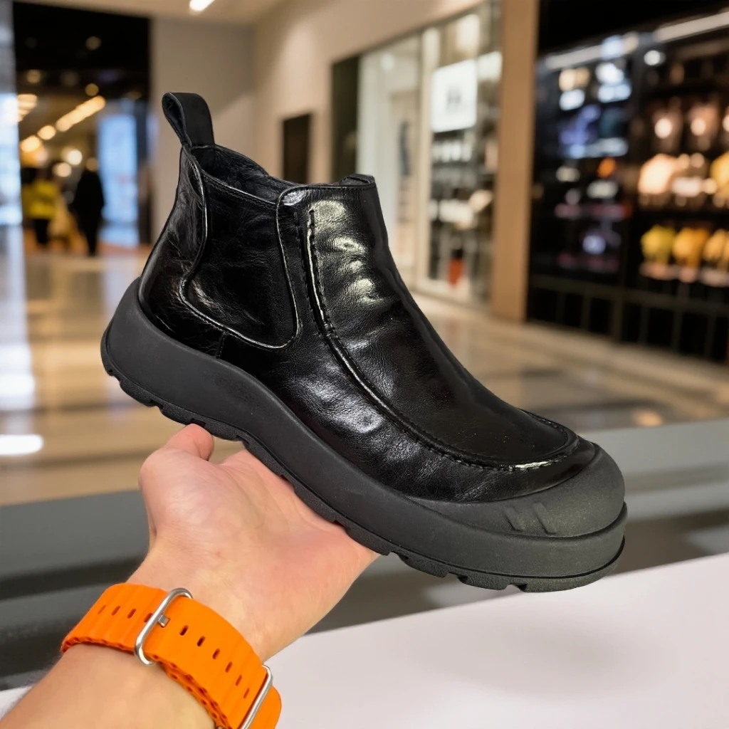 5089-1头层牛皮加绒高帮一脚蹬懒人真皮休闲鞋时尚百搭套脚短靴男