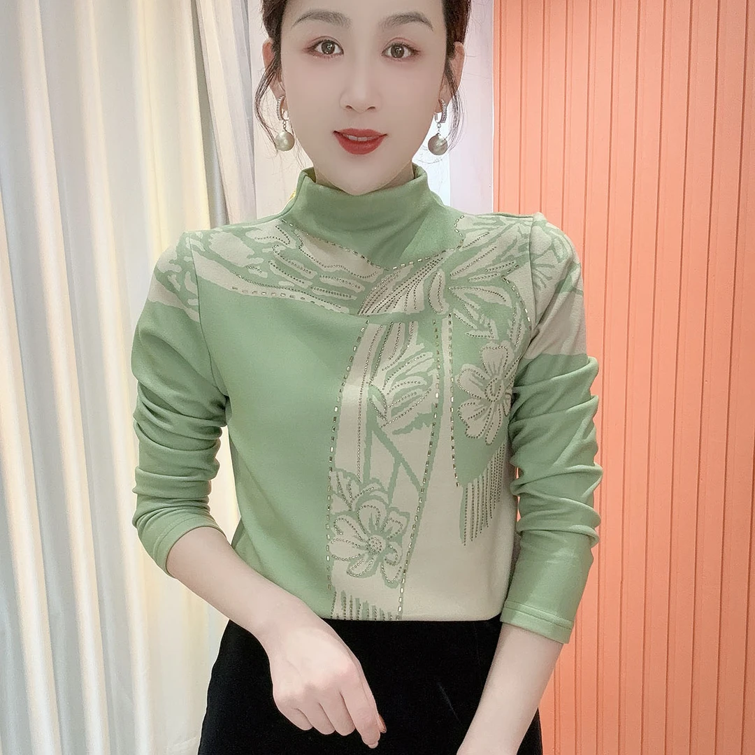 2025冬季新款半高领印花气质百搭长袖减龄加绒打底衫上衣女781